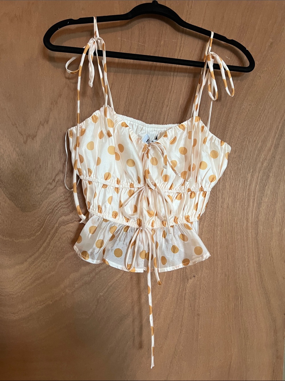 En Saison Polka Dot Tie-Shoulder Peplum Camisole - Ivory & Saffron